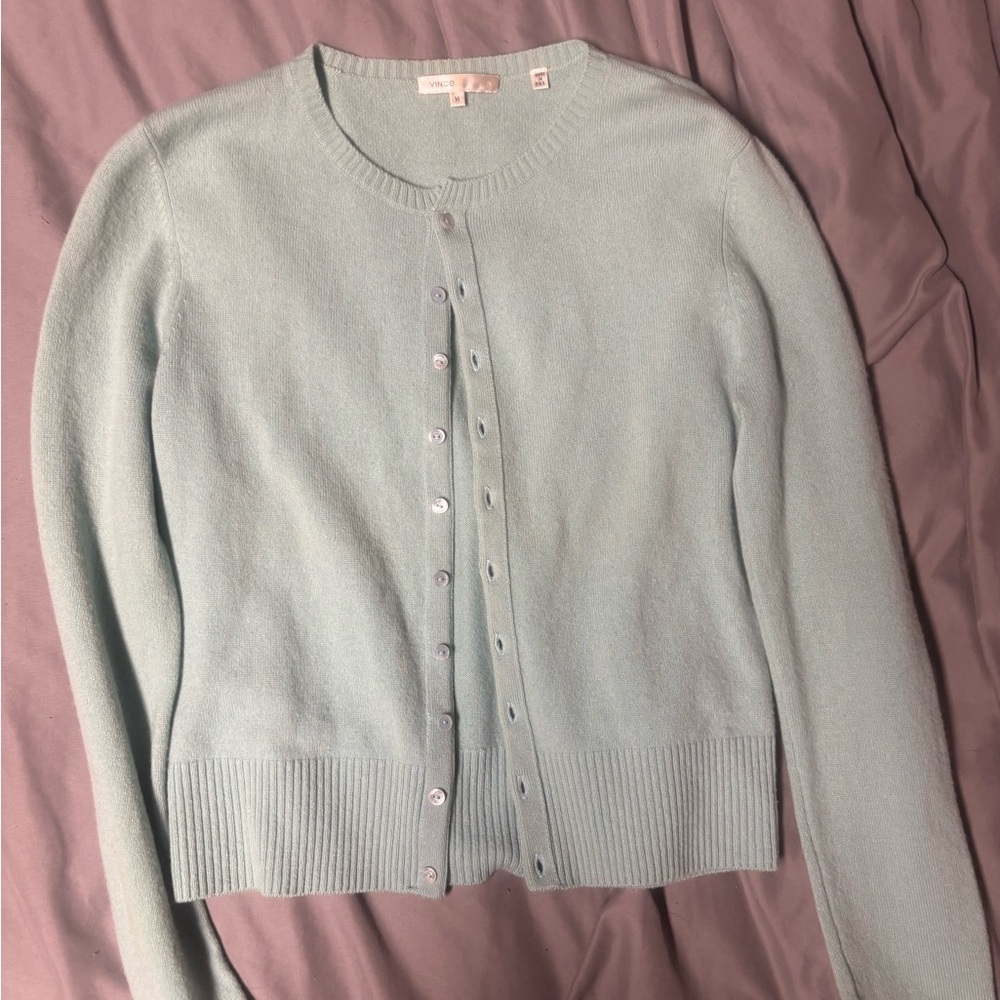 Vince Pale Aqua Cashmere Button-Front Crewneck Cardigan